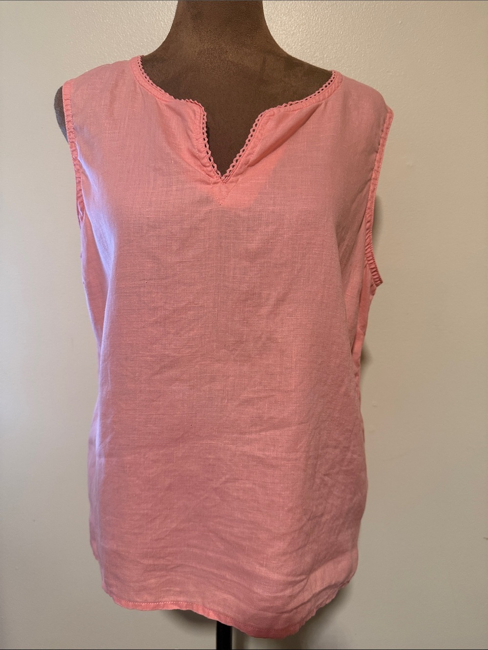 Old Navy Coral Pink Crochet-Trim Split V Tank Top 100% Linen